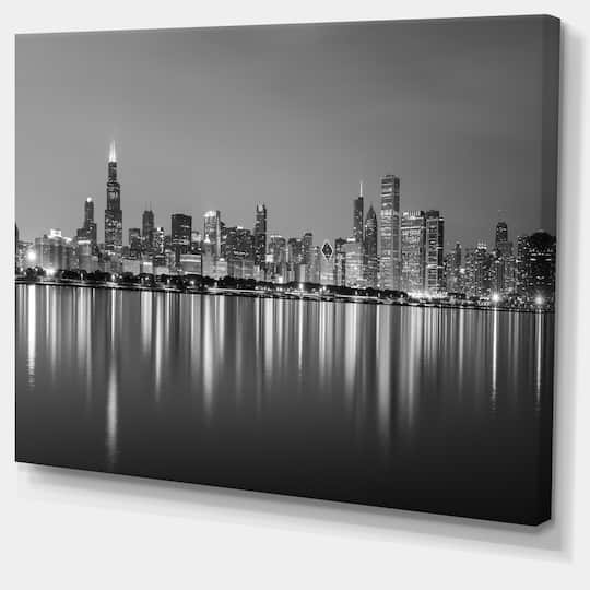 Designart - Chicago Skyline at Night Black and White
